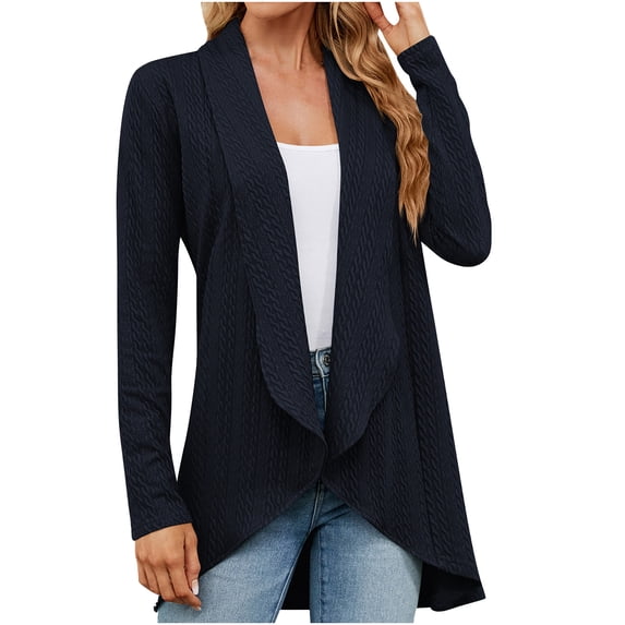 Aboser Dressy Casual Cardigans for Womens Drape Open Front Outwear Ruffles Long Sleeve Duster Cardigan Elegant Embroidery Blouse Tops Lightweight Work Coats Navy L
