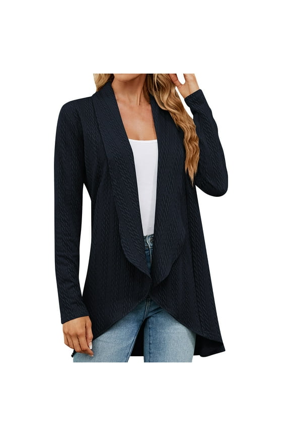 Dressy Casual Cardigans for Womens Drape Open Front Outwear Ruffles Long Sleeve Duster Cardigan Elegant Embroidery Blouse Tops Lightweight Work Coats Navy M