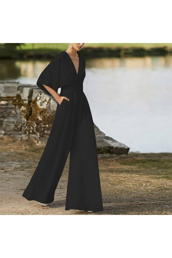 Dressy Casual Jumpsuits for Women High Waisted Long Rompers Summer Batwing Half Sleeve Jumpsuit Loose Wide Leg Romper Jumper with Pockets