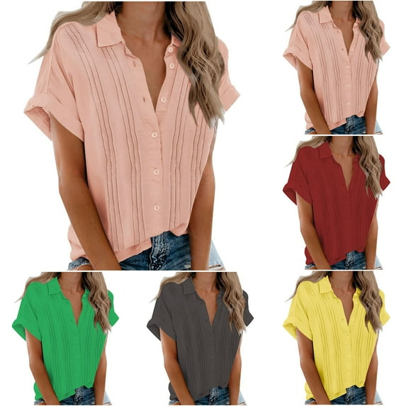 Aboser Dressy Casual Shirts for Women Button Down Work Blouses Lapel Short Sleeve T Shirt Solid Color Summer Tops Loose Fit Gauze Shirts