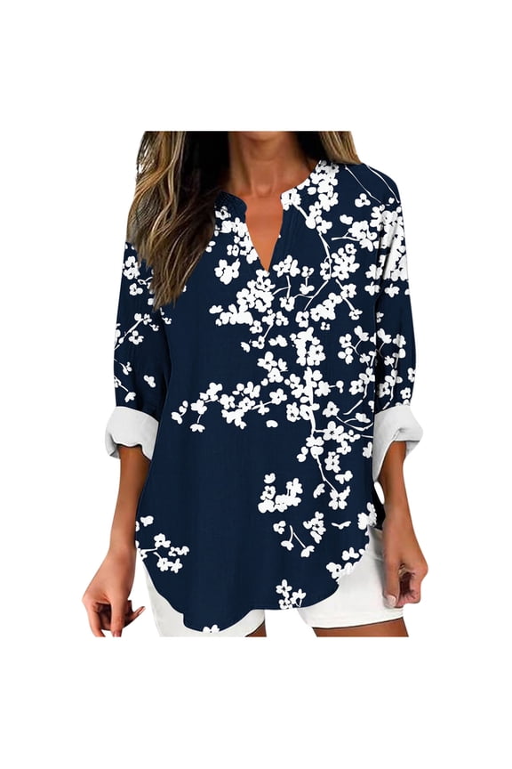 Dressy Casual Tunic Tops for Women Plus Size Long Sleeve Shirts Boho Floral Print Blouses Loose Notch V Neck Shirt Top Lightweight Office Work Blouse Navy XXXL