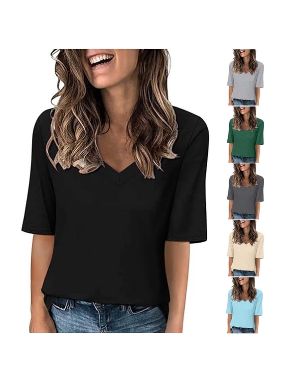 Elbow Half Sleeve Tops for Women Casual V Neck T Shirt Going Out Tops Going Out Clothes Lightweight Soft Plain Shirts 2026