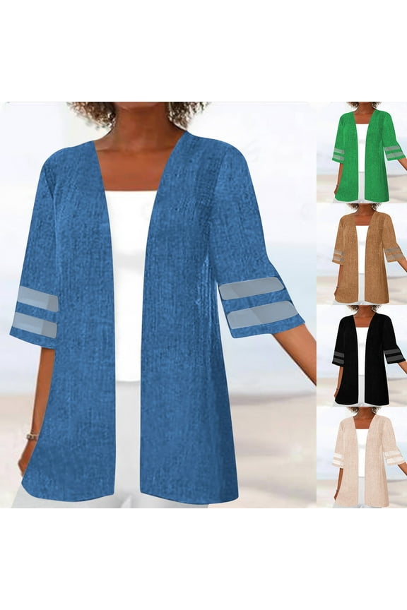 Elbow Sleeve Cardigans for Women Trendy Cotton Linen Kimono Cardigan Plus Size Open Front Blouses Casual Lightweight Long Kimonos