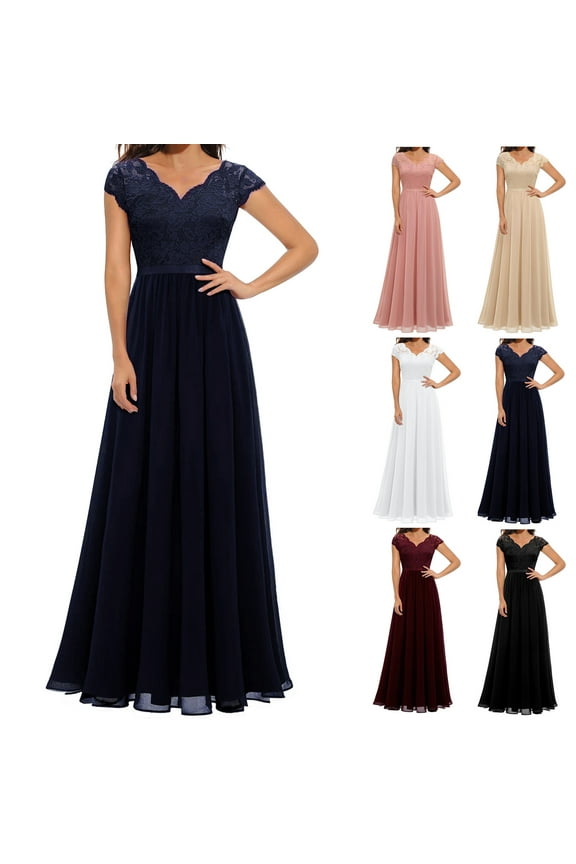 Elegant Prom Dresses for Women Lace Maxi Dress Formal Wedding Guest Dresses Casual V Neck Cocktail Dress Flowy Cap Sleeve Party Gowns Dresses