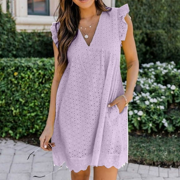 Aboser Embroidered Dress for Women Loose Fit Boho Dresses Summer Casual Eyelet Midi Dress Ruffle V Neck Dresses Loose Solid Beach Dress