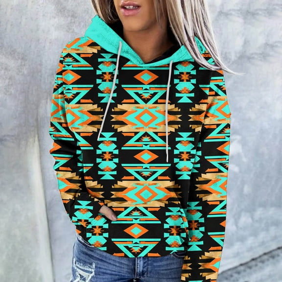 Aboser Ethnic Aztec Hoodies for Women Retro Geometric Graphic Sweatshirt with Pocket Western Tribal Hooded Shirts Loose Long Sleeve Hoodie