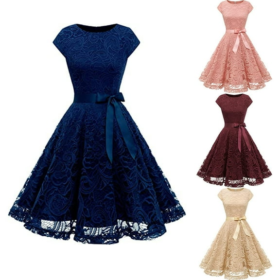 Aboser Evening Party Dresses for Women Semi Formal Wedding Guest Dress Elegant Lace Gowns for Ladies Cap Sleeve Belted Midi Dresses Flowy A-Line Cocktail Dress