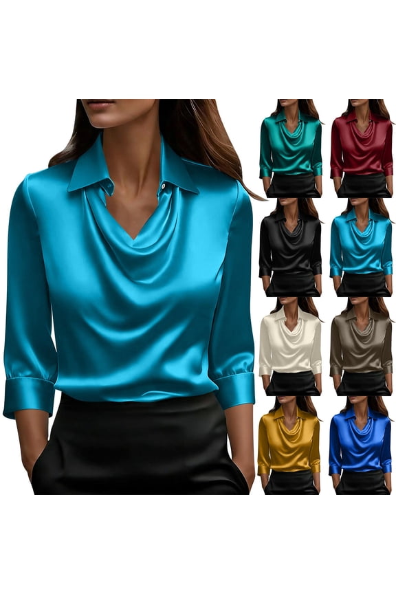 Evening Party Shirts for Women Business Casual Cowl Neck Blouses Silky Satin Formal Tops Dressy 3/4 Sleeve Work Shirt Loose Fit Collared Blouse
