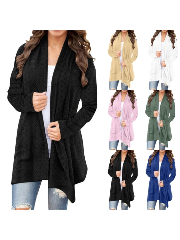 Eyelet Long Cardigan for Women Lightweight Long Sleeve Duster Cardigans Trendy Casual Open Front Shrugs Hollow Out Draped Cardigan