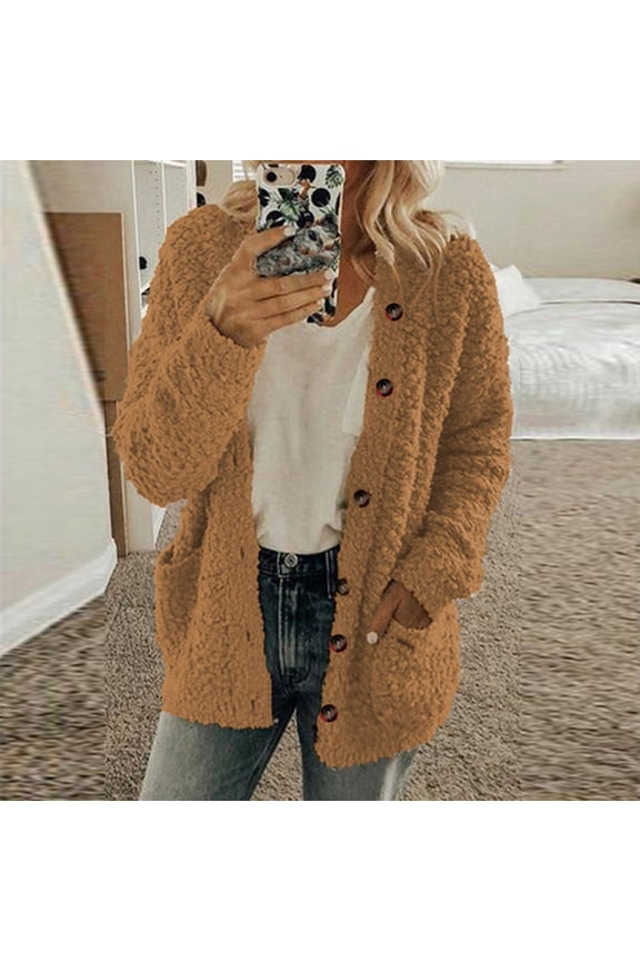 Fall Sweaters Women Warm Fuzzy Knit Cardigans Chunky Button Up Sweater Jackets Plus Size Open Front Coat Fashion Fleece Cardigan with Pockets Coffee L