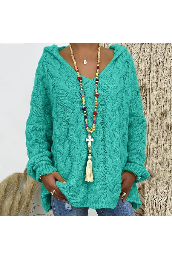 Fall Sweaters for Women 2026 Trendy Comfy Hoodded Jumper Tops Chunky Cable Knit Sweater Hollow V Neck Pullover Loose Fit Knitwear