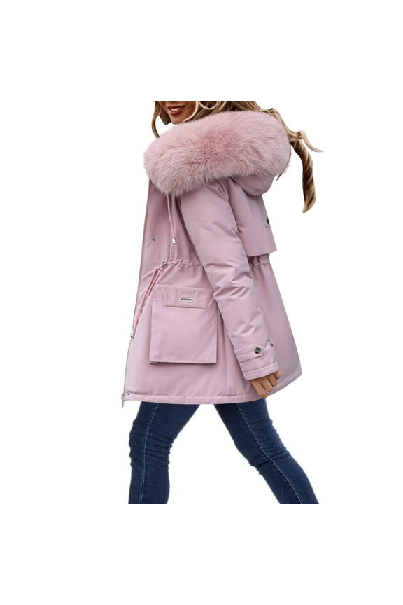 Faux Fur Hood Jackets for Women Solid Long Sleeve Trench Coat Winter Puffer Parka Jacket Slim Fit Zip Up Windbreaker Thicken Outdoor Hooded Overcoat