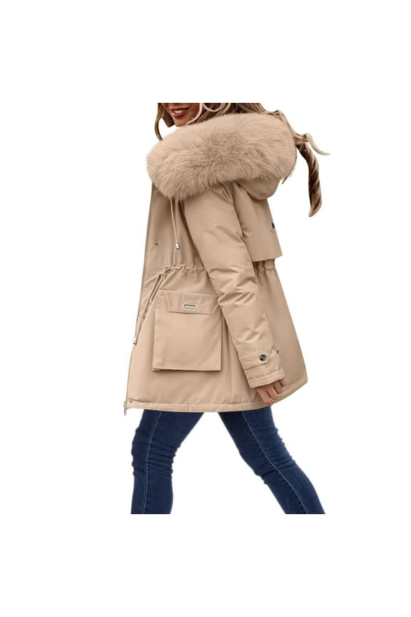 Faux Fur Hood Jackets for Women Solid Long Sleeve Trench Coat Winter Puffer Parka Jacket Slim Fit Zip Up Windbreaker Thicken Outdoor Hooded Overcoat