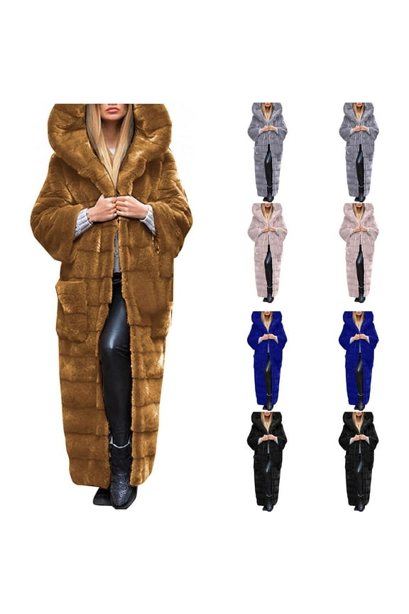 Faux Fur Overcoats for Women Shaggy Warm Maxi Parka Coat Winter Open Front Long Jackets Fluffy Fuzzy Fleece Outerwear Plus Size Long Sleev Hooded Coats with Pockets