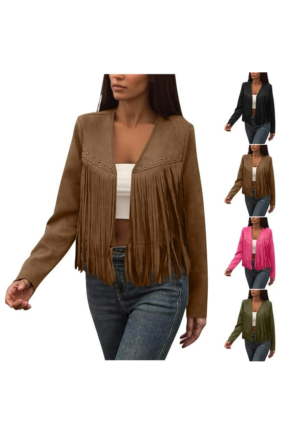 Faux Suede Leather Jackets for Women Early Fall Fashion Fringe Motorcycle Jacket Cowgirls Tassel Cropped Coats Open Front Long Sleeve Outerwear
