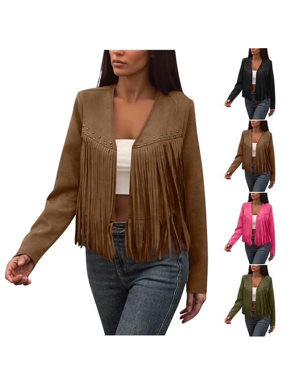 Faux Suede Leather Jackets for Women Early Fall Fashion Fringe Motorcycle Jacket Cowgirls Tassel Cropped Coats Open Front Long Sleeve Outerwear