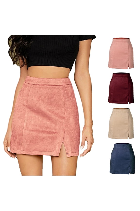 Faux Suede Leather Skirts for Women High Waisted Mini Skirt Slim Fit Bodycon Skirts Solid Color Pencil Skirt Soft Casual Short Skirts