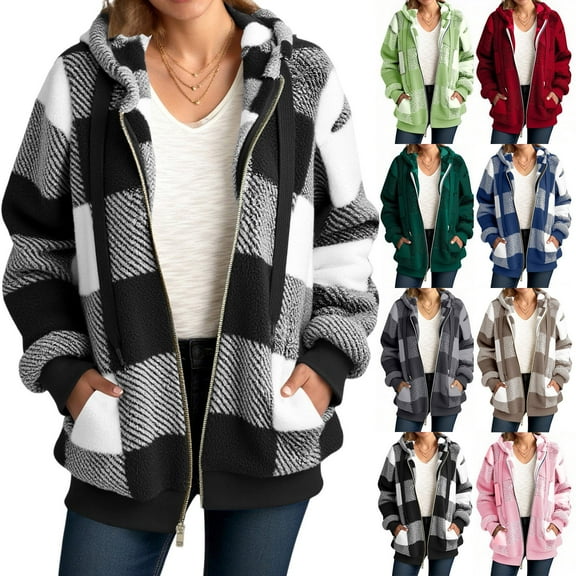 Aboser Flannel Plaid Jackets for Women Fashion Tartan Hooded Shackets Thermal Fuzzy Fleece Jacket Coat Comfy Soft Long Sleeve Outerwear Coats with Pockets