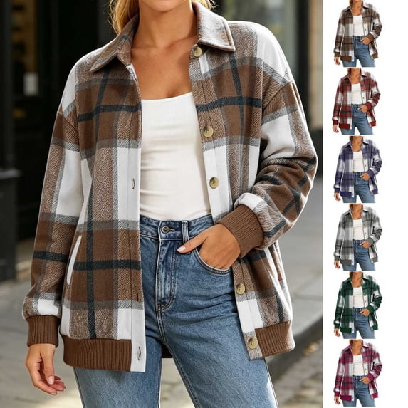 Aboser Flannel Plaid Shacket Jacket for Women Vintage Button Down Shirts Boyfriend Jackets Lapel Collar Long Sleeve Shackets Fall Winter Streetwear