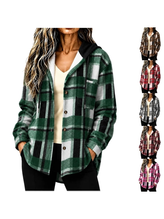 Flannel Plaid Shirt Jackets for Women Button Down Hoodie Boyfriend Shacket Thick Long Sleeve Hooded Jacket Fall Fashion Clothes