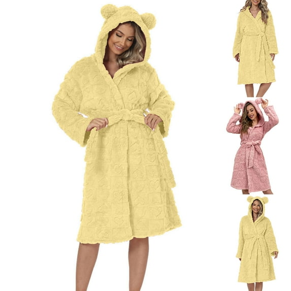 Aboser Flannel Robes for Women with Ear Hood Sleepwear Winter Thermal Fuzzy Fleece Bathrobes Comfy Long Sleeve Towel Robe Nightgowns Yellow L