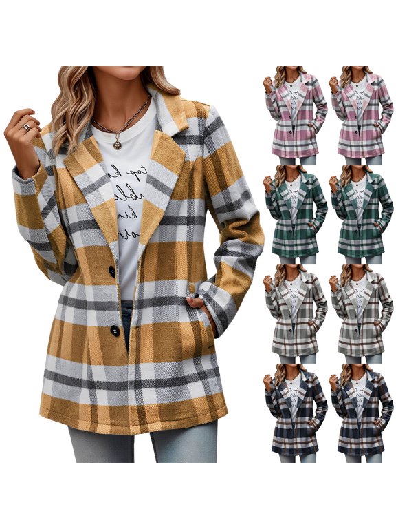 Flannel Shacket Jacket for Women Plaid Checked Woolen Jackets Notch Collar Button Down Shackets Vintage Long Sleeve Outerwear Coat with Pockets