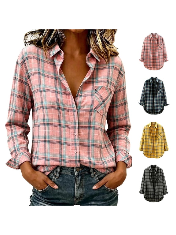 Flannel Shirts for Women Button Down Fall Shirt Dressy Casual Long Sleeve Blouses Retro Buffalo Plaid Shirts Lightweight Soft Collared Blouse Tops