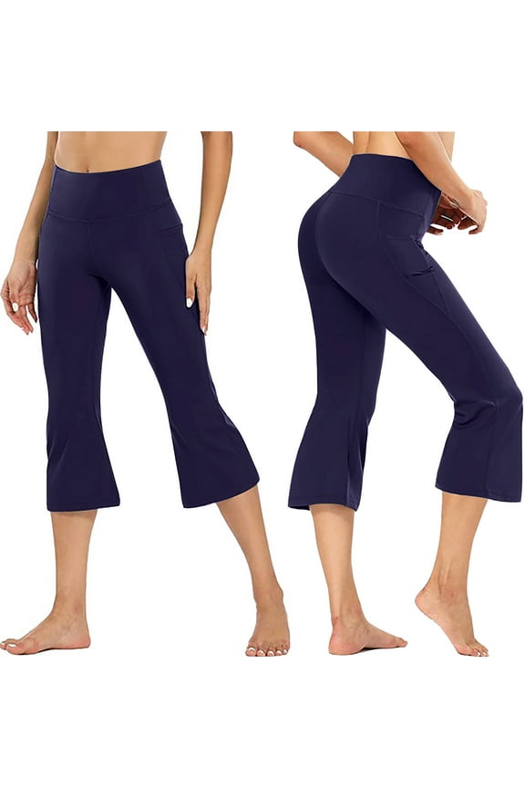Flare Capri Pants for Women High Waisted Yoga Pants with Pocket Lightweight Workout Leggings Athletic Tummy Control Yoga Legging Solid Color Cropped Trousers Navy XL