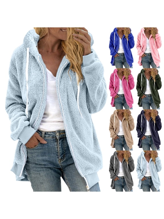 Fleece Jackets for Women Winter Fleece Hooded Outerwear Plus Size Full Zip Hooded Jacket Thermal Casual Long Sleeve Plush Coats