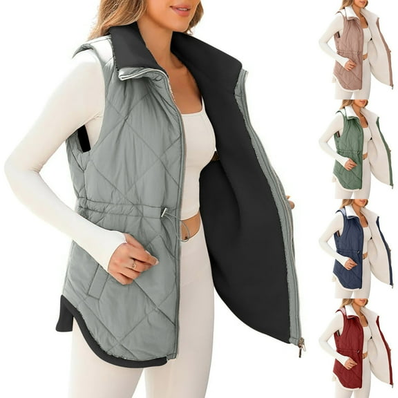 Aboser Fleece Lined Puffer Vest for Women Zip Up Winter Jaclets Thermal Casual Sleeveless Quilted Vests Drawstring Waisted Gilet Coats with Pockets