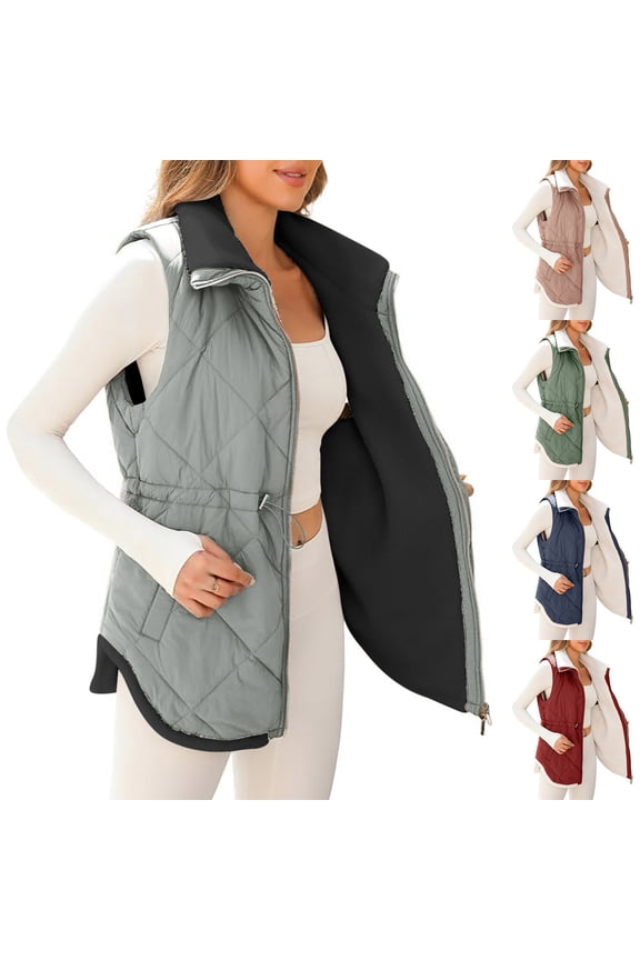 Fleece Lined Puffer Vest for Women Zip Up Winter Jaclets Thermal Casual Sleeveless Quilted Vests Drawstring Waisted Gilet Coats with Pockets