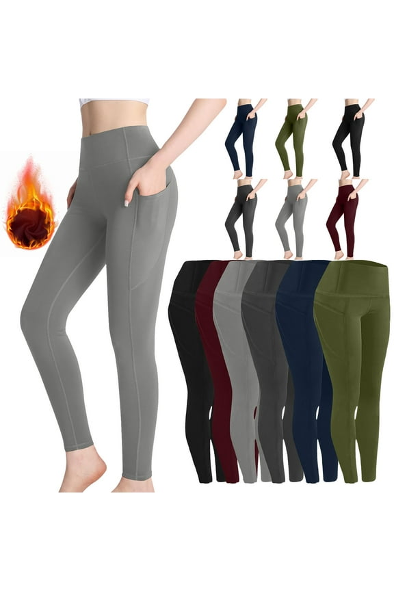 Fleece Lined Yoga Pants with Pockets for Women Athletic Workout Leggings Skinny High Waisted Tights Tummy Control Winter Gym Pants Black