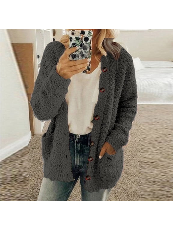 Fleece Sweater Jackets for Women Plus Size Fall Sweaters Open Front Chunky Knitwear Trendy Button Up Cardigan Thermal Fuzzy Cardigan with Pockets Dark Gray XL