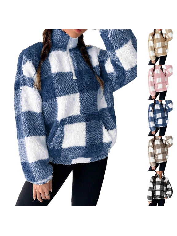 Fleece Sweatshirts for Women Fluffy Fuzzy Plush Pullover Tops Trendy Plaid Tops Quarter Zip Turtleneck Sweatshirt Warm Winter Long Sleeve Loungewear with Pocket