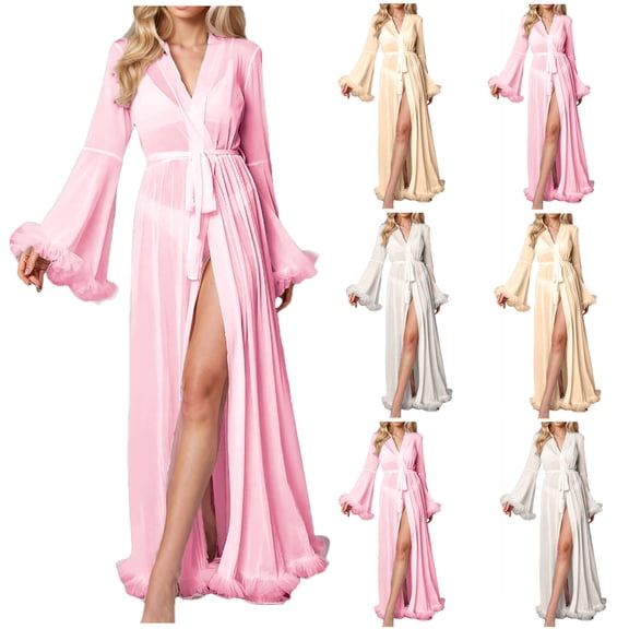 Aboser Floor Length Robes for Women Furry Trim Bridal Wedding Robe See Through Mesh Sheer Nightgowns Elegant Bell Sleeve Long Loungewear Lightweight Lace Lingerie Sleepdress Yellow XS