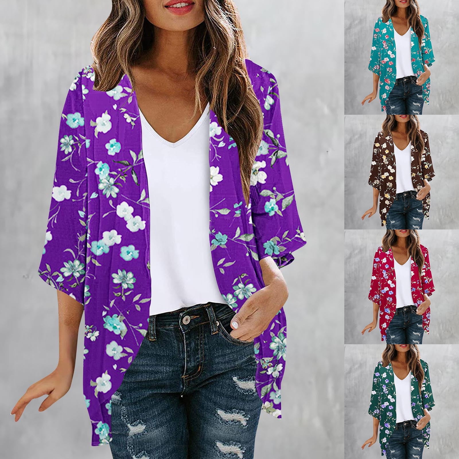 Damen Kimono Cardigan Aus Chiffon - Blumenprint Bademantel Für Strand & Urlaub