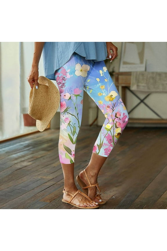 Floral Print Capri Leggings for Women Knee Length Yoga Capris Boho Beach Leggings for Summer Petite Size Workout Capri Pants Cropped Yoga Jeggings