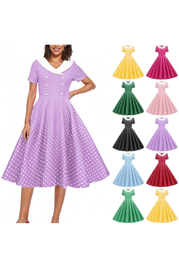 Formal Cocktail Dresses for Women 1950s Vintage Party Evening Prom Gowns Short Sleeve A Line Dress Elegant Polka Dot Print Swing Dresses 50s 60s Rockabilly Tea Dress