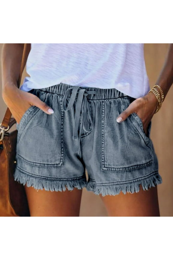 Frayed Raw Hem Denim Shorts for Women Stretch Elastic Waist Jean Shorts Summer Trendy Ripped Shorts Juniors Drawstring Hot Shorts