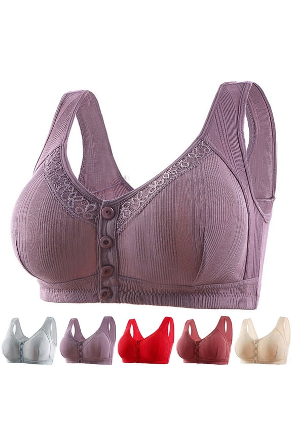Front Close Bras for Older Women Push Up Cotton Bra Comfortable Textured Daily Bras No Underwire Smooth Back Brassiere Soft Wide Strap Bra Beige 42