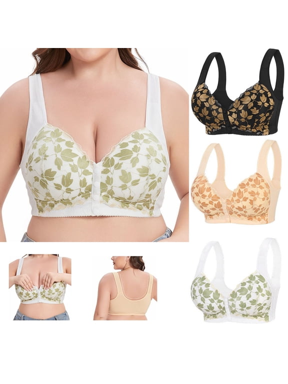 Front Closure Supportive Bras for Women Large Bust Anti-Sagging Bras Plus Size Wireless Bralette Breathable Back Smoothing Bra Comfort Soft Seamless Bras Black 52F