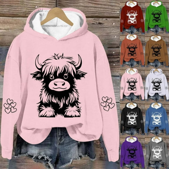 Aboser Funny Cow Graphic Hoodies for Women Y2K Long Sleeve Sweatshirts Cute Tops Fall Fleece Hooded Sweatshirt Casual Loose Fitted Hoodie Dark Gray XL