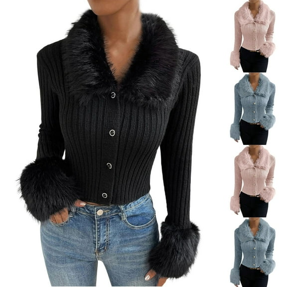 Aboser Furry Trim Ribbed Sweaters for Women Trendy Button Down Crop Tops Stretchy Slim Fit Tunic Sweater Comfy V Neck Party Shirts Soft Knitwear Pink S