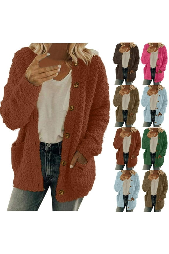 Fuzzy Fleece Cardigan Sweaters for Women Warm Button Down Sweater Coats Long Sleeve Sherpa Cardigans Fall Winter Plush Coat with Pockets