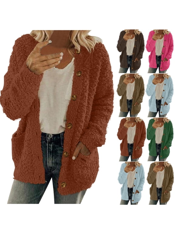 Fuzzy Fleece Cardigan Sweaters for Women Warm Button Down Sweater Coats Long Sleeve Sherpa Cardigans Fall Winter Plush Coat with Pockets