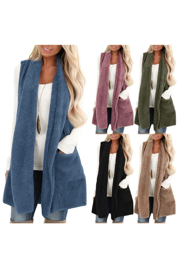 Fuzzy Fleece Cardigans for Women Thermal Winter Sleeveless Vest Jacket Open Front Long Cardigan Casual Shawl Collar Vests Outwear with Pockets