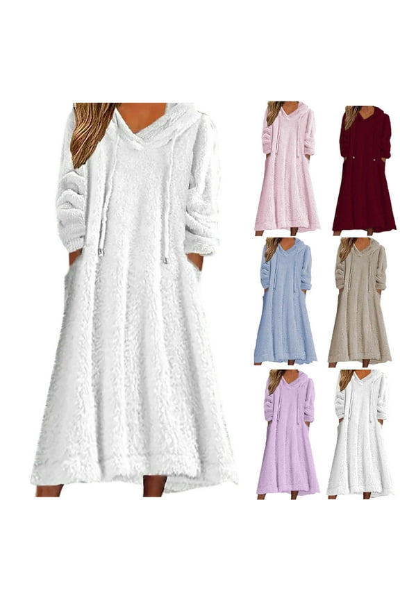 Fuzzy Fleece Hoodie Nightgowns for Women Plus Size Sherpa Pajama Dress Warm Winter Long Sleepwear Drawstring Hooded Sleepshirts Loose Fit Plush Loungewear with Pockets