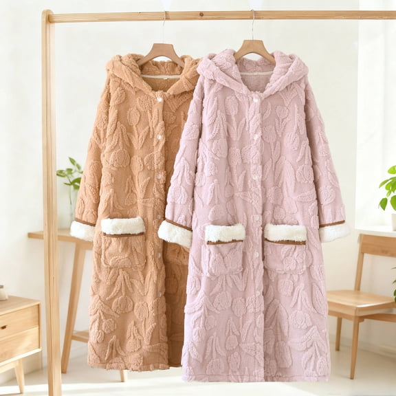 Aboser Fuzzy Fleece Long Robes for Women Button Down Sleepwear with Hood Warm Winter Plush Bathrobes Soft Long Sleeve Robe Loose Fit House Nightgowns with Pockets Pink L
