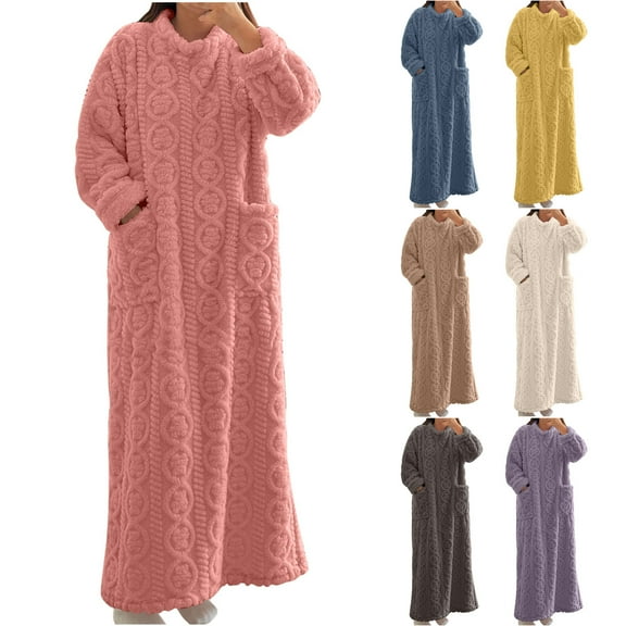 Aboser Fuzzy Fleece Maxi Nightgowns for Women Thermal Thick Sherpa Loungewear Comfy Long Sleeve Sleepdress Loose Full Length Nightshirt Winter Plush Lined Sleepwear with Pockets