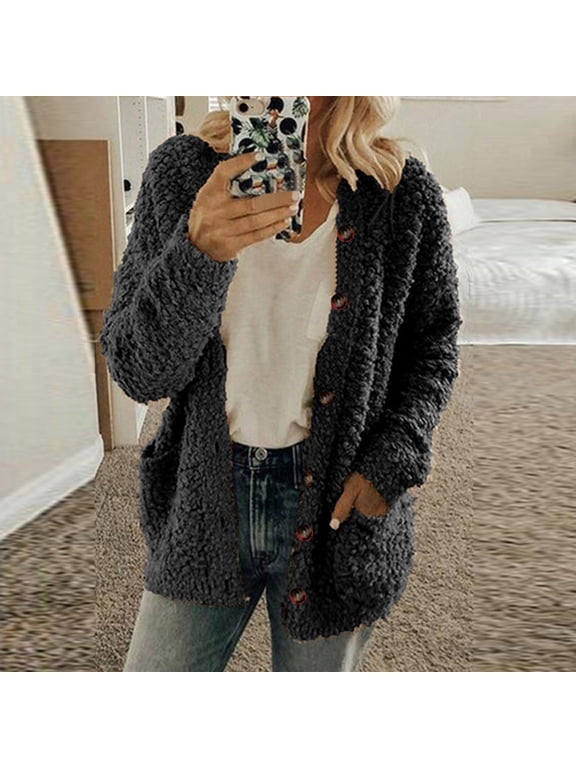 Fuzzy Sweater Jackets for Women Chunky Knit Long Sweaters Warm Plush Cardigans Casual Button Down Coats Casual Open Front Fleece Cardigan Black XXL